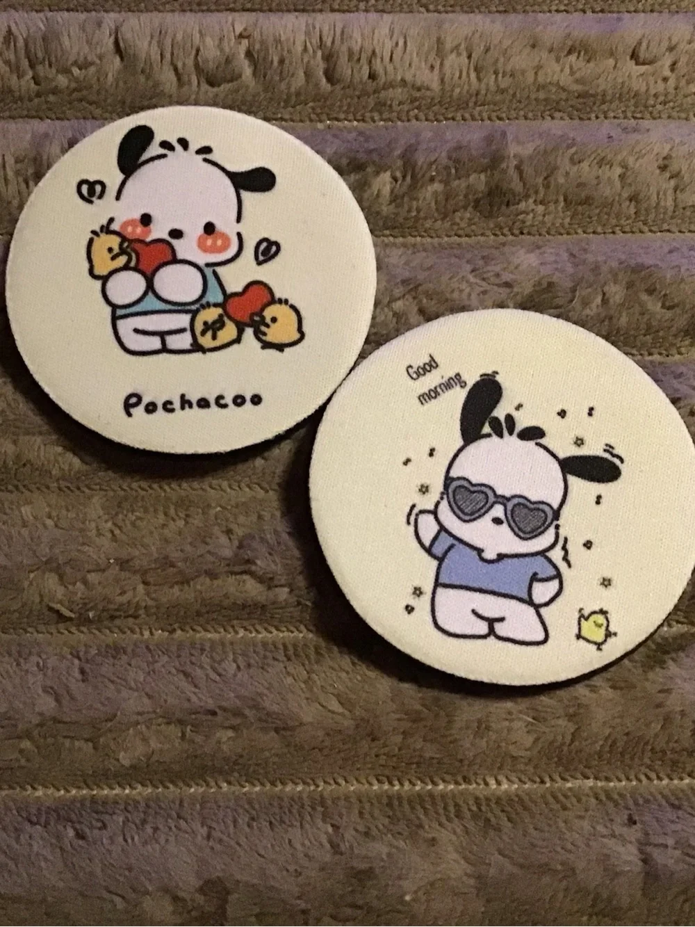 Set of two foam car coasters pochacoo design - White with Black & Pastel Accents